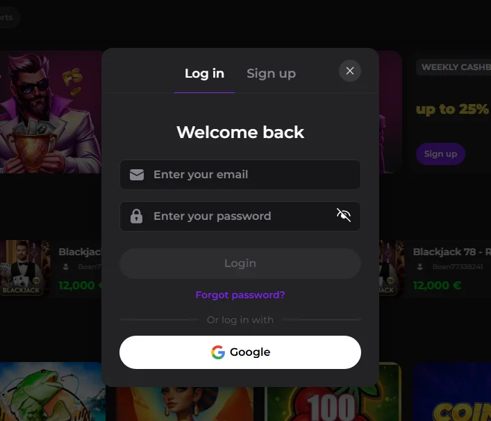 Memo Casino login form