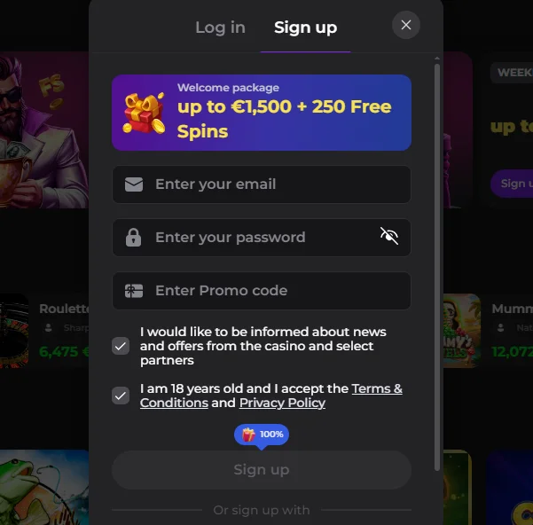 Memo Casino registration form